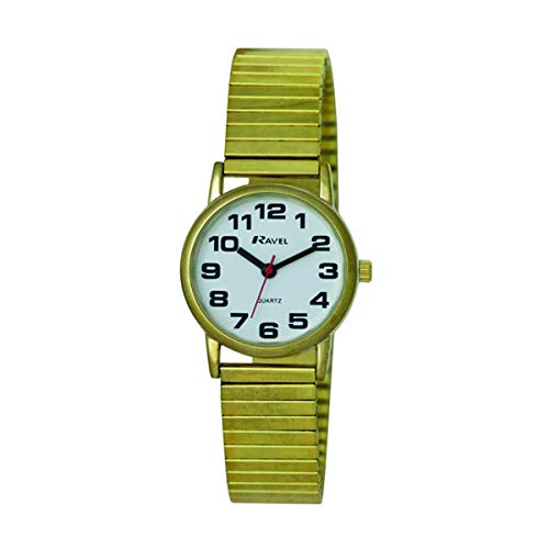Ravel - Damen-Uhr mit Edelstahl-Expanderarmband mit großen Zahlen und Zeigern - R0208.01.2S - Goldfarbenes/Weißes Zifferblatt von Ravel