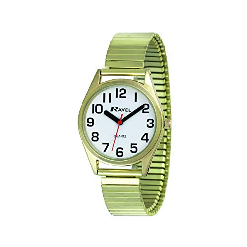 Ravel - Damen-Uhr mit superflachem Sichthilfe-Edelstahl-Expanderarmband mit großen Zahlen und Zeigern - goldfarbenes/weißes Zifferblatt von Ravel