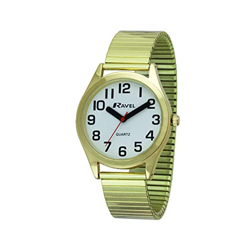 Ravel - Unisex-Uhr mit superflachem Sichthilfe-Edelstahl-Expanderarmband mit großen Zahlen und Zeigern - goldfarbenes/weißes Zifferblatt von Ravel