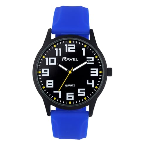Ravel - Herrenuhr mit Schwarzem Gehäuse, Sportlichem Silikonarmband und Hervorgehobenen Stundenmarkierungen - Analoges Quarzwerk - RS003.06 - Blau von Ravel