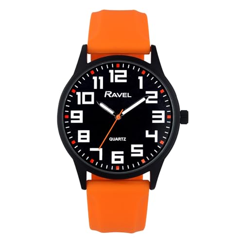 Ravel - Herrenuhr mit Schwarzem Gehäuse, Sportlichem Silikonarmband und Hervorgehobenen Stundenmarkierungen - Analoges Quarzwerk - RS003.08 - Orange von Ravel