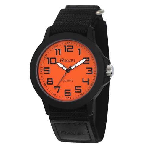 Ravel - Moderne Workwear-Herrenuhr mit einfach zu befestigendem Armband - Schwarz/Orange Zifferblatt von Ravel