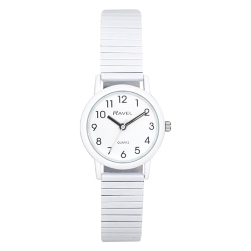 Ravel - Modische Armbanduhr für Damen in Pastellfarben mit Expanderarmband (36 mm Gehäuse) - Analog Quarz - R0237.04.1 - Weiß von Ravel