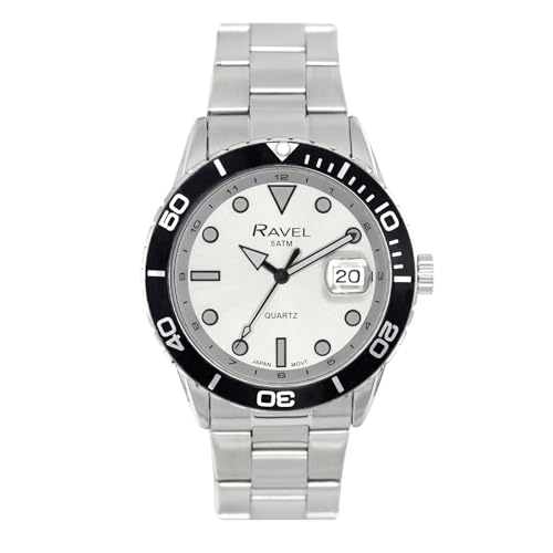 Ravel Plus - Runde 42-mm-5ATM-Kalenderuhr für Herren mit drehbarer Lünette und Saphirglasbeschichtung - Japanischer Analogquarz - RPD012MB - Edelstahl/Silberes Zifferblatt von Ravel