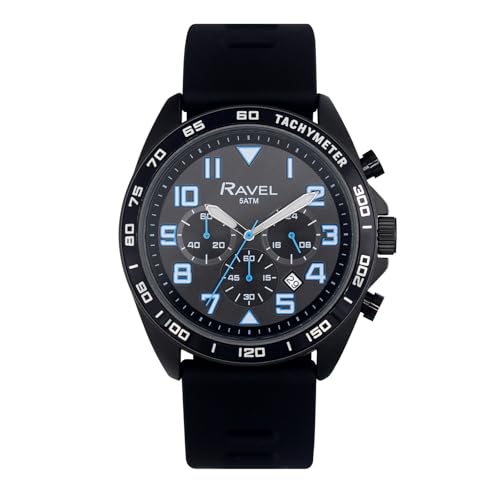 Ravel Plus - Schwarze Chronographen-Sportuhr für Herren (46 mm) mit Silikonarmband - 50m Wasserdicht - Japanischer Analogquarz - RP.CHR.003M - Schwarz von Ravel