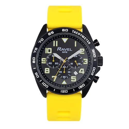 Ravel Plus - Schwarze Chronographen-Sportuhr für Herren (46 mm) mit Silikonarmband - 50m Wasserdicht - Japanischer Analogquarz - RP.CHR.004M - Gelb von Ravel
