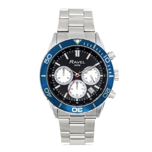 Ravel Plus - Silberfarbene Herren-Chronographen-Sportuhr (42 mm) mit Unidirektionaler Drehbarer Lünette - 50m Wasserdicht - Japanischer Analogquarz - RP.CHR.007MB - Edelstahl/Blaue Lünette von Ravel