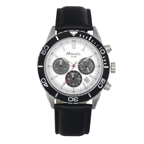 Ravel Plus - Silberfarbene Herren-Chronographen-Sportuhr (42 mm) mit Unidirektionaler Drehbarer Lünette - 5ATM - Japanischer Analogquarz - RP.CHR.008M - Schwarz/Silbernes Zifferblatt von Ravel