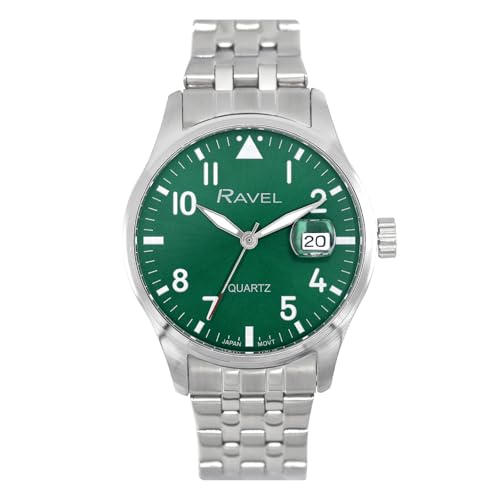 Ravel Plus - Runde 40-mm-3ATM-Kalenderuhr für Herren mit saphirbeschichtetem Glas und Sonnenschliff-Zifferblatt - Japanischer Analogquarz - RPD002MB - Edelstahl/Grünes Zifferblatt von Ravel