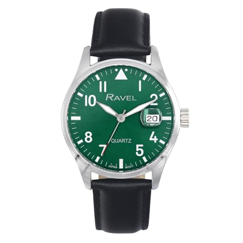 Ravel Plus - Runde 40-mm-3ATM-Kalenderuhr für Herren mit saphirbeschichtetem Glas und Sonnenschliff-Zifferblatt - Japanischer Analogquarz - RPD002M - Schwarz/Grünes Zifferblatt Ravel Plus - Runde 40-mm-3ATM-Kalenderuhr für Herren mit saphirbeschichtetem Glas und Sonnenschliff-Zifferblatt - Japanischer Analogquarz - RPD002M - Schwarz/Grünes Zifferblatt von Ravel