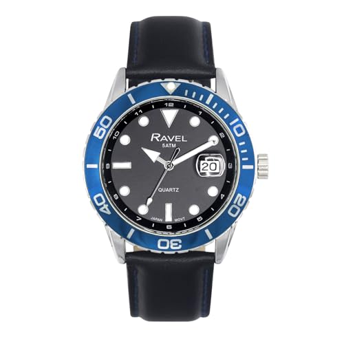 Ravel Plus - Runde 42-mm-5ATM-Kalenderuhr für Herren mit drehbarer Lünette und Saphirglasbeschichtung - Japanischer Analogquarz - RPD011M - Schwarz/Blaues Lünette Ravel Plus - Runde 42-mm-5ATM-Kalenderuhr für Herren mit drehbarer Lünette und Saphirglasbeschichtung - Japanischer Analogquarz - RPD011M - Schwarz/Blaues Lünette von Ravel