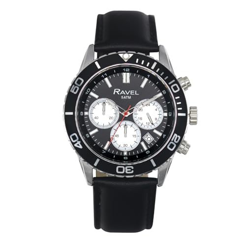 Ravel Plus - Silberfarbene Herren-Chronographen-Sportuhr (42 mm) mit Unidirektionaler Drehbarer Lünette - 50m Wasserdicht - Japanischer Analogquarz - RP.CHR.005M - Schwarz/Schwarze Lünette von Ravel
