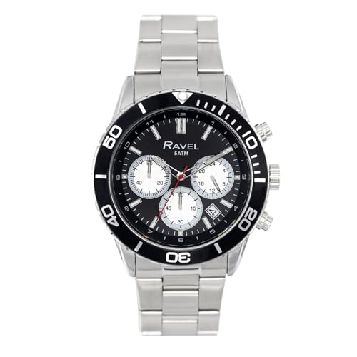 Ravel Plus - Silberfarbene Herren-Chronographen-Sportuhr (42 mm) mit Unidirektionaler Drehbarer Lünette - 50m Wasserdicht - Japanischer Analogquarz - RP.CHR.005MB - Edelstahl/Schwarze Lünette von Ravel