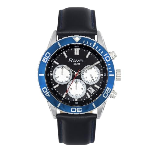 Ravel Plus - Silberfarbene Herren-Chronographen-Sportuhr (42 mm) mit Unidirektionaler Drehbarer Lünette - 50m Wasserdicht - Japanischer Analogquarz - RP.CHR.007M - Schwarz/Blaue Lünette von Ravel