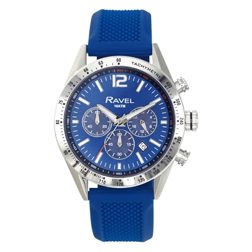 Ravel Pro - Runde Edelstahl-Chronographenuhr mit Datum - 100m Wasserdicht - Japanischer Analogquarz - RPR-005M - Blaues Silikonarmband/Blaues Zifferblatt von Ravel