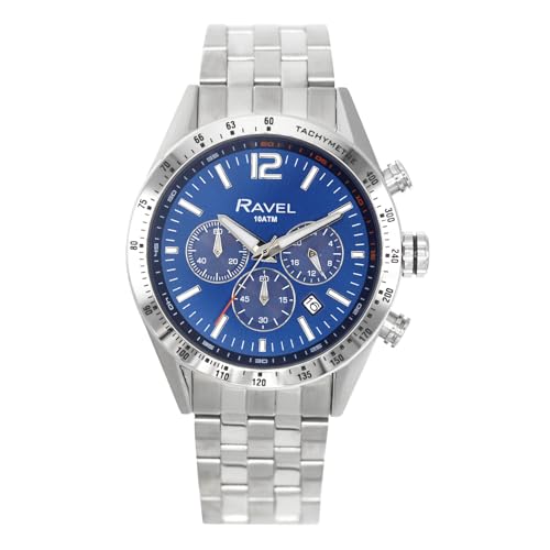 Ravel Pro - Runde Edelstahl-Chronographenuhr mit Datum - 100m Wasserdicht - Japanischer Analogquarz - RPR-005MB - Edelstahlarmband/Blaues Zifferblatt von Ravel
