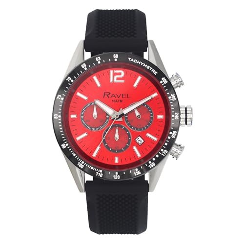 Ravel Pro - Runde Edelstahl-Chronographenuhr mit Datum - 100m Wasserdicht - Japanischer Analogquarz - RPR-002M - Schwarzes Silikonarmband/Rotes Zifferblatt von Ravel