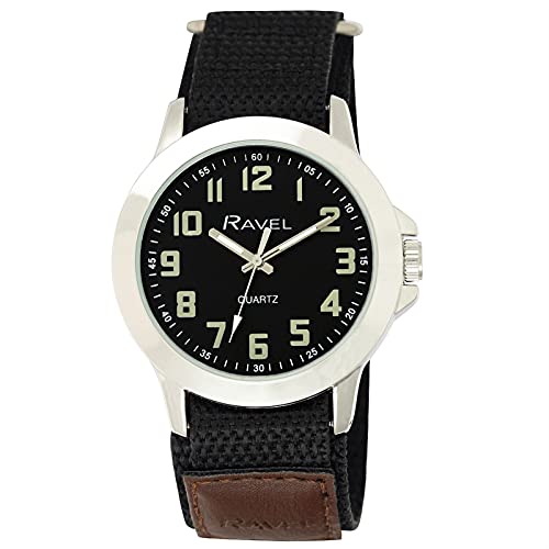 Ravel - Moderne Workwear-Herrenuhr mit einfach zu befestigendem Armband - Silberton/Holzkohle-Zifferblatt/Schwarzes Armband mit Tan Tongue von Ravel