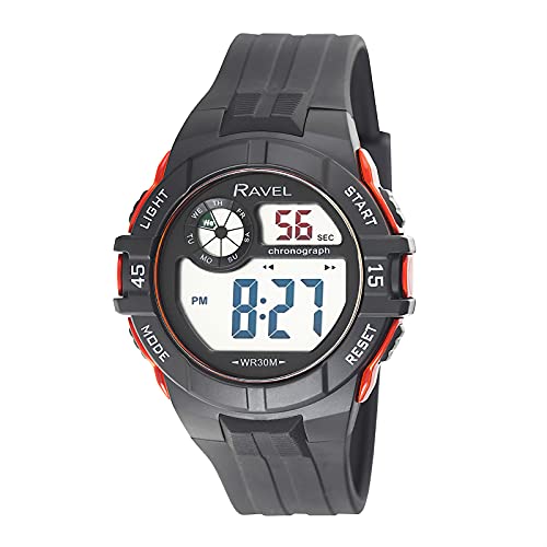 Ravel - Runde 3ATM- Digital-Herren-Quarz-Armbanduhr mit Beleuchtung - RDG.14.2 - Schwarz/Rot von Ravel