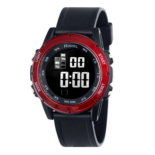 Ravel - Runde 3ATM- Digital-Herren-Quarz-Armbanduhr mit Beleuchtung - RDG.14.24 - Schwarz/Rot von Ravel
