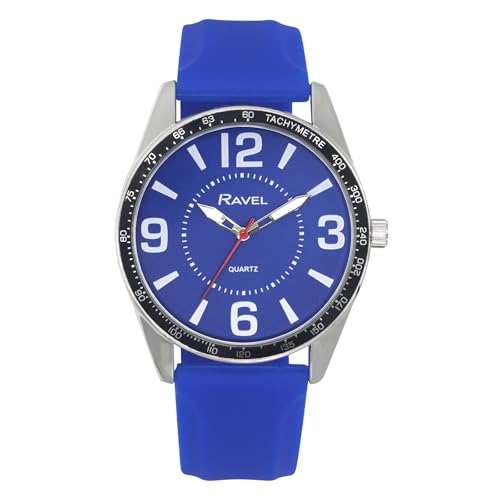 Ravel - Silberfarbene Herrenuhr mit Großen Ziffern und Schwarzem Oberring auf Sportlichem Silikonarmband - Analoges Quarzwerk - RS001.06 - Blau Ravel - Silberfarbene Herrenuhr mit Großen Ziffern und Schwarzem Oberring auf Sportlichem Silikonarmband - Analoges Quarzwerk - RS001.06 - Blau von Ravel