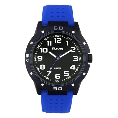 Ravel - Sportuhr für Herren mit schwarzem Gehäuse und farblich abgestimmter Lünette auf sportlichem Silikonarmband - Analoges Quarzwerk - RS004.06 - Blau von Ravel