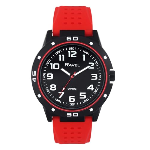 Ravel - Sportuhr für Herren mit schwarzem Gehäuse und farblich abgestimmter Lünette auf sportlichem Silikonarmband - Analoges Quarzwerk - RS004.10 - Rot von Ravel