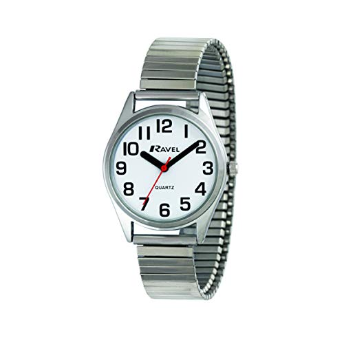 Ravel - Unisex-Uhr mit superflachem Sichthilfe-Edelstahl-Expanderarmband mit großen Zahlen und Zeigern - silbernes Ton/weißes Zifferblatt von Ravel