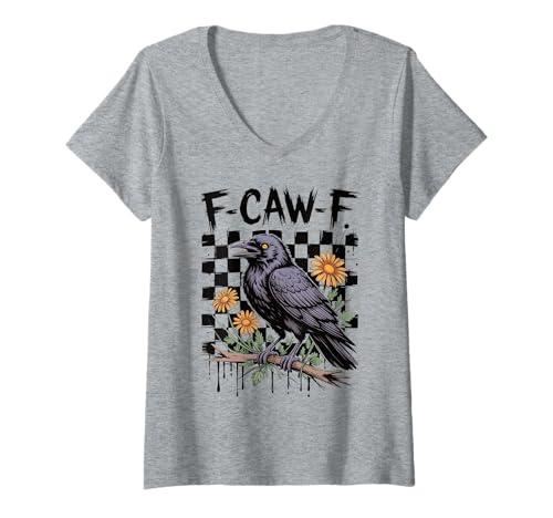 Damen Lustiges Rabe Shirt F-Caw-F Spruch mit Blumen und Grunge Art T-Shirt mit V-Ausschnitt von Raven Attitude Sarcastic Crow Fowl Humor Tees Co.