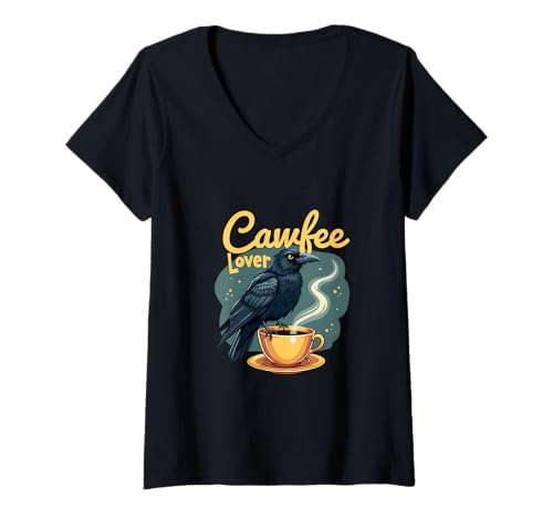 Damen Cawfee Lover Raven Crow mit Kaffeetasse T-Shirt mit V-Ausschnitt Damen Cawfee Lover Raven Crow mit Kaffeetasse T-Shirt mit V-Ausschnitt von Raven Coffee Enthusiast Crowbird Beverage
