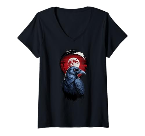 Damen Dunkler Rabe im roten Spukwald T-Shirt mit V-Ausschnitt Damen Dunkler Rabe im roten Spukwald T-Shirt mit V-Ausschnitt von Raven Crow Moon Gothic Night Forest