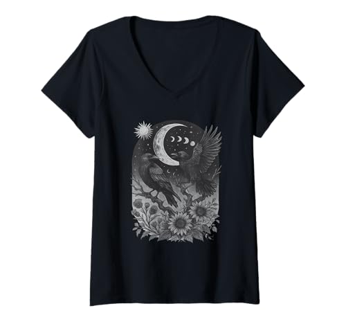 Damen Süsses Vintage Schwarzer Rabe Krähe Gothic Moon Cottagecore T-Shirt mit V-Ausschnitt Damen Süsses Vintage Schwarzer Rabe Krähe Gothic Moon Cottagecore T-Shirt mit V-Ausschnitt von Raven Crow Mystical Black Bird Gothic Moon Flowers