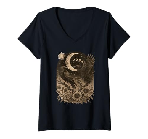 Damen Süsses Vintage Schwarzer Rabe Krähe Gothic Moon Cottagecore T-Shirt mit V-Ausschnitt Damen Süsses Vintage Schwarzer Rabe Krähe Gothic Moon Cottagecore T-Shirt mit V-Ausschnitt von Raven Crow Mystical Black Bird Gothic Moon Flowers