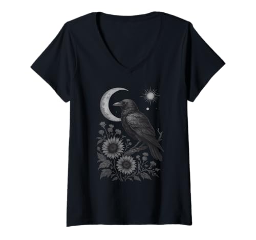 Damen Süsses Vintage Schwarzer Rabe Krähe Gothic Moon Cottagecore T-Shirt mit V-Ausschnitt Damen Süsses Vintage Schwarzer Rabe Krähe Gothic Moon Cottagecore T-Shirt mit V-Ausschnitt von Raven Crow Mystical Black Bird Gothic Moon Flowers