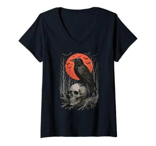 Damen Rabe, Totenkopf, Mond | Black Crow & Gothic T-Shirt mit V-Ausschnitt von Raven Lovers Gifts & Crow Motifs
