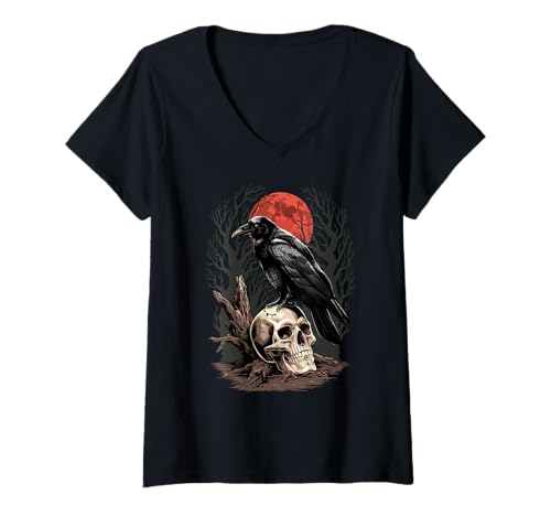 Damen Rabe, Totenkopf, Mond | Gothic & Black Crow T-Shirt mit V-Ausschnitt von Raven Lovers Gifts & Crow Motifs
