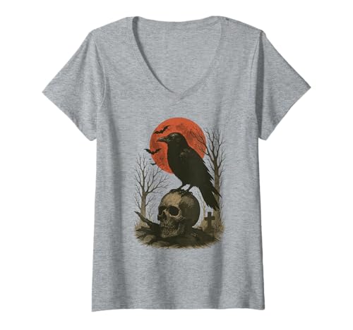 Damen Rabe & Totenkopf | Schwarze Krähe & Gothic, Mond T-Shirt mit V-Ausschnitt von Raven Lovers Gifts & Crow Motifs