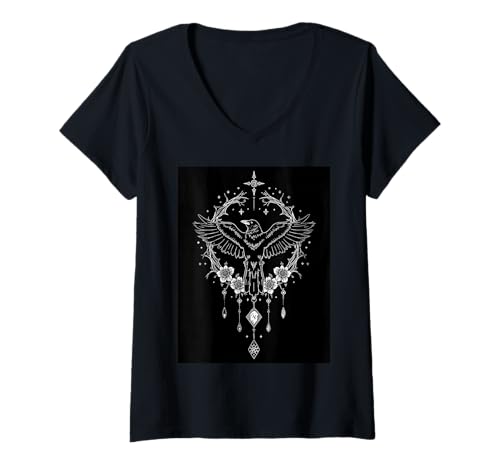 Damen Dark Bird Blumenrahmen Celestial Raven Night T-Shirt mit V-Ausschnitt Damen Dark Bird Blumenrahmen Celestial Raven Night T-Shirt mit V-Ausschnitt von Raven Wings Flowers Moon Charm Night Mystical