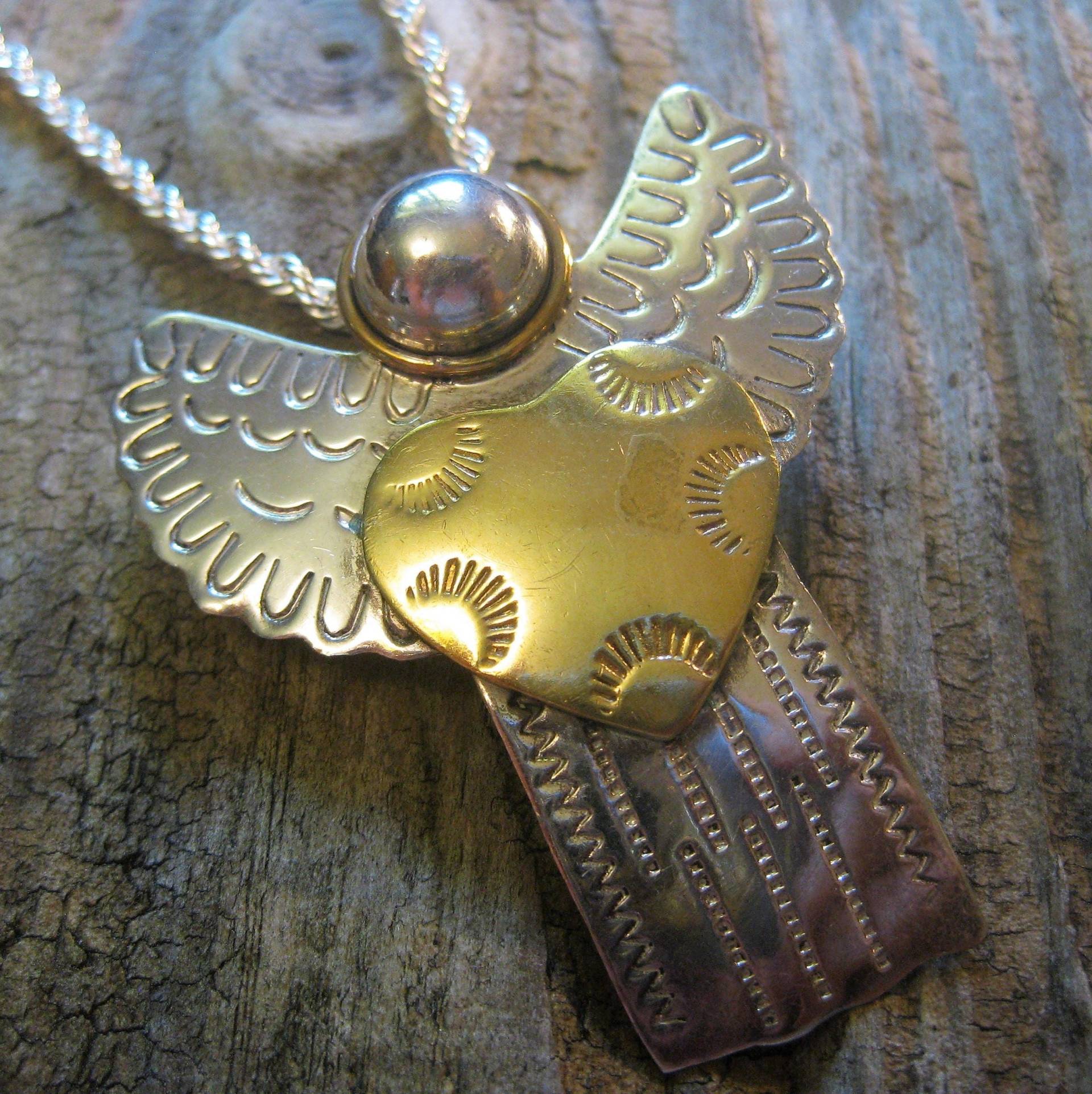 Schutzengel Sterling Anhänger Brosche Halskette Mit Messing Herz . 3 Looks in 1. Handwerklich Gefertigte Anstecknadel, 18 "x 3mm Seilkette. Skurril von RavenHillArt