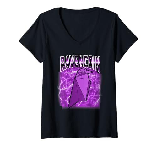Damen Ravencoin Bootleg Retro Lightning Crypto Mining RVN, lila T-Shirt mit V-Ausschnitt Damen Ravencoin Bootleg Retro Lightning Crypto Mining RVN, lila T-Shirt mit V-Ausschnitt von Ravencoin Assets