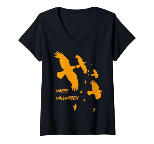 Damen Glückliche Halloween-Raben im Flug, Vektor-Silhouette, Orange T-Shirt mit V-Ausschnitt Damen Glückliche Halloween-Raben im Flug, Vektor-Silhouette, Orange T-Shirt mit V-Ausschnitt von Ravens Halloween Bird Gifts and Tees by taiche