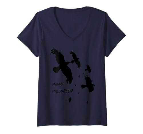Damen Happy Halloween Raben im Flug Vektor-Silhouette T-Shirt mit V-Ausschnitt Damen Happy Halloween Raben im Flug Vektor-Silhouette T-Shirt mit V-Ausschnitt von Ravens Halloween Bird Gifts and Tees by taiche