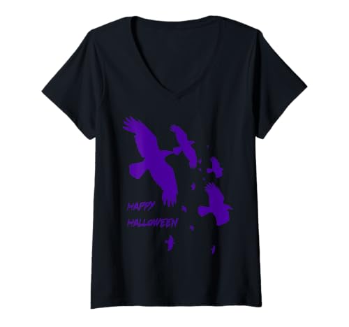 Damen Happy Halloween Raben im Flug Vektor-Silhouette lila T-Shirt mit V-Ausschnitt Damen Happy Halloween Raben im Flug Vektor-Silhouette lila T-Shirt mit V-Ausschnitt von Ravens Halloween Bird Gifts and Tees by taiche