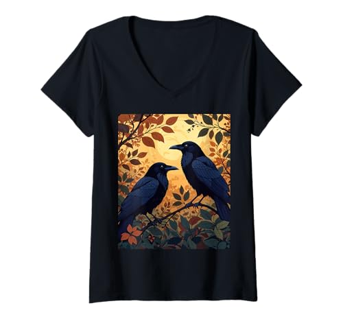 Damen Zwei Raben unter Herbstlaub T-Shirt mit V-Ausschnitt Damen Zwei Raben unter Herbstlaub T-Shirt mit V-Ausschnitt von Ravens Halloween Bird Gifts and Tees by taiche