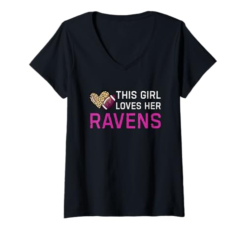 Damen Dieses Mädchen liebt ihre Raben im Vintage-Leopardenstil T-Shirt mit V-Ausschnitt von Ravens Love Vintage Tees