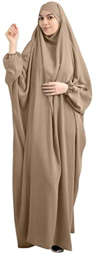 Ravent Frauen Muslim Hijab Kleidung Islam Dubai Abaya Gebetskleid Einfarbig Lose Einteiler Vollabdeckung Muslimische Mode Fledermausärmel Jilbab Robe Kleid, Einheitsgröße, Khaki von Ravent