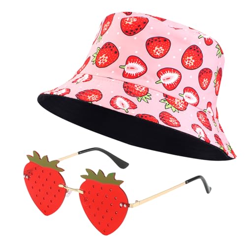 Erdbeeren Anglerhut Damen, Lustige Hüte, Apero Spritz Fischerhut Anglerhut mit Brillen in Herzform Apero Party Hut Apero Geschenk von Raveparty
