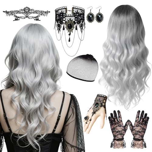 Perücke Damen Grau, Halloween Perücke, Halloween Accessoires Damen, Grau Lang Wellte Lockig, Hexenperücke Gotisch Halskette Armbänder, für Cosplay, Karneval Party (Style B) von Raveparty