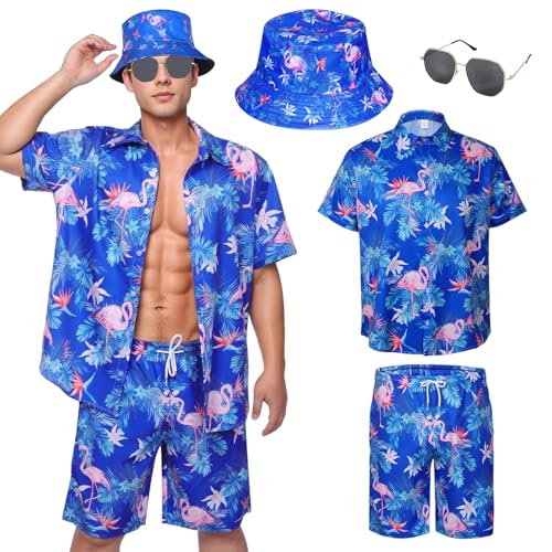 Raveparty Hawaii Hemd Männer Hawai Kostüm Herren Hawaii Hut Sommer Shirt und Shorts Sonnenbrille Strandhemd Kurzarm Hawaiihemd Herren Kurzarm Lässig (Style F, 3XL) von Raveparty