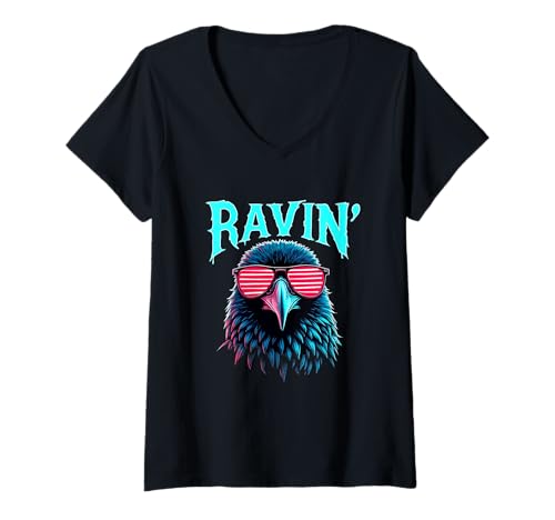 Damen Ravin' Rabe Sonnenbrille Rave Festival Techno Elektro Party T-Shirt mit V-Ausschnitt Damen Ravin' Rabe Sonnenbrille Rave Festival Techno Elektro Party T-Shirt mit V-Ausschnitt von Raver Festival Techno Rabe Party Vögel